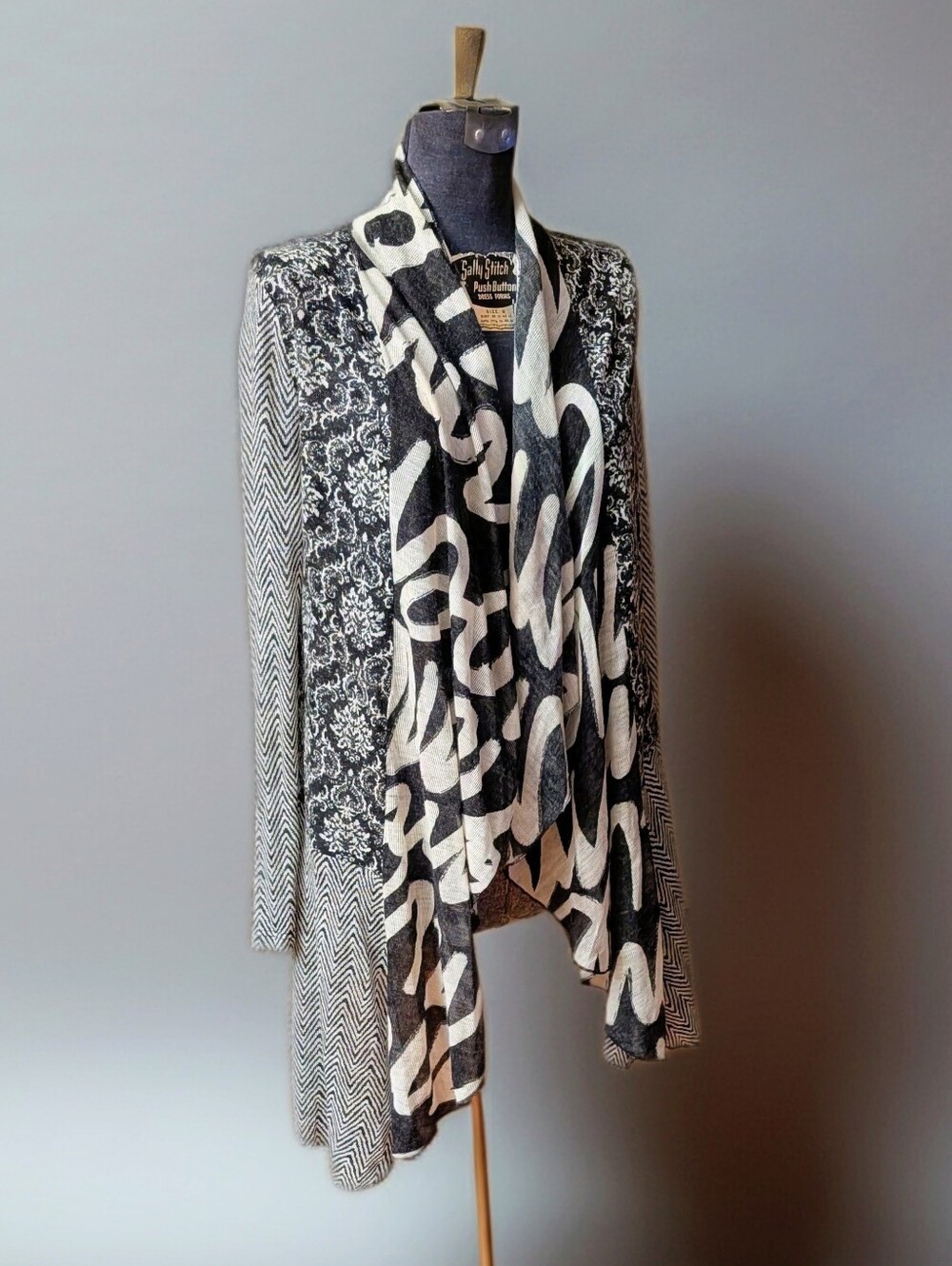 EUC 2016 Vintage Concept Patchwork Draped Full-Bleed Print Knit Cardigan Size M